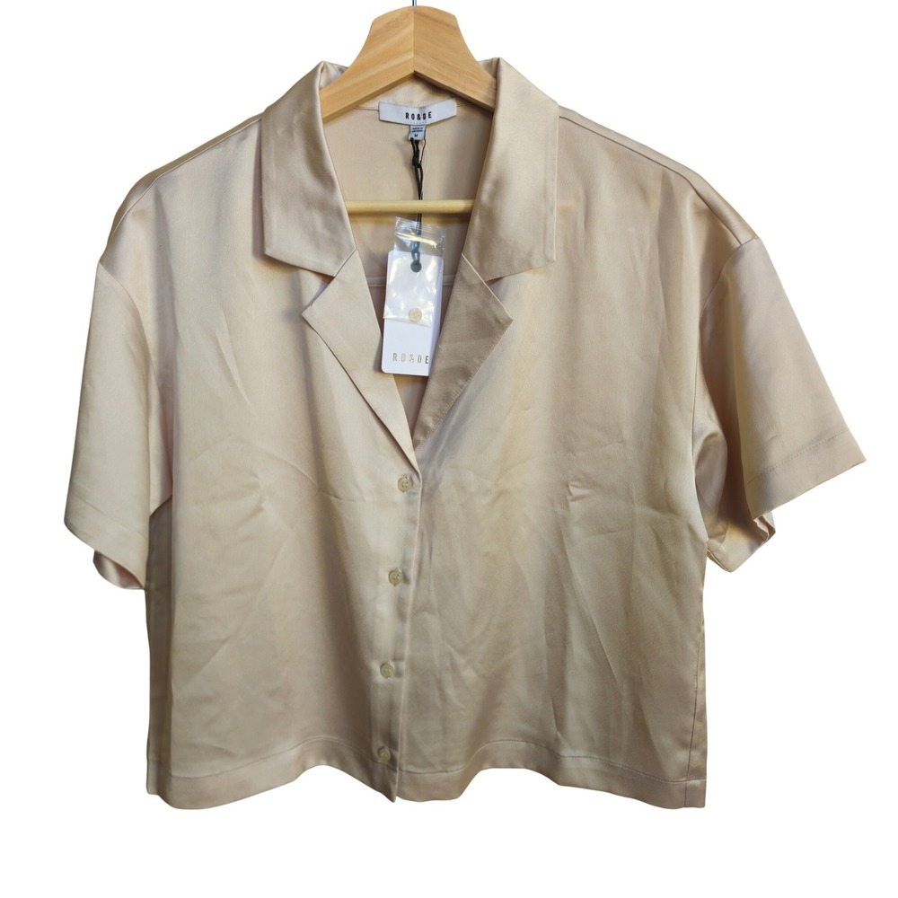 New! Y2K 90s Champagne Satin Camp Collar Crop Top Medium Streetwear Indiesleeze